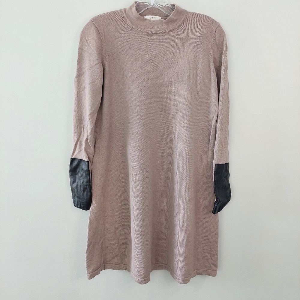 Tyler Boe Dress XS taupe tan mock neck long sleeve faux leather patches